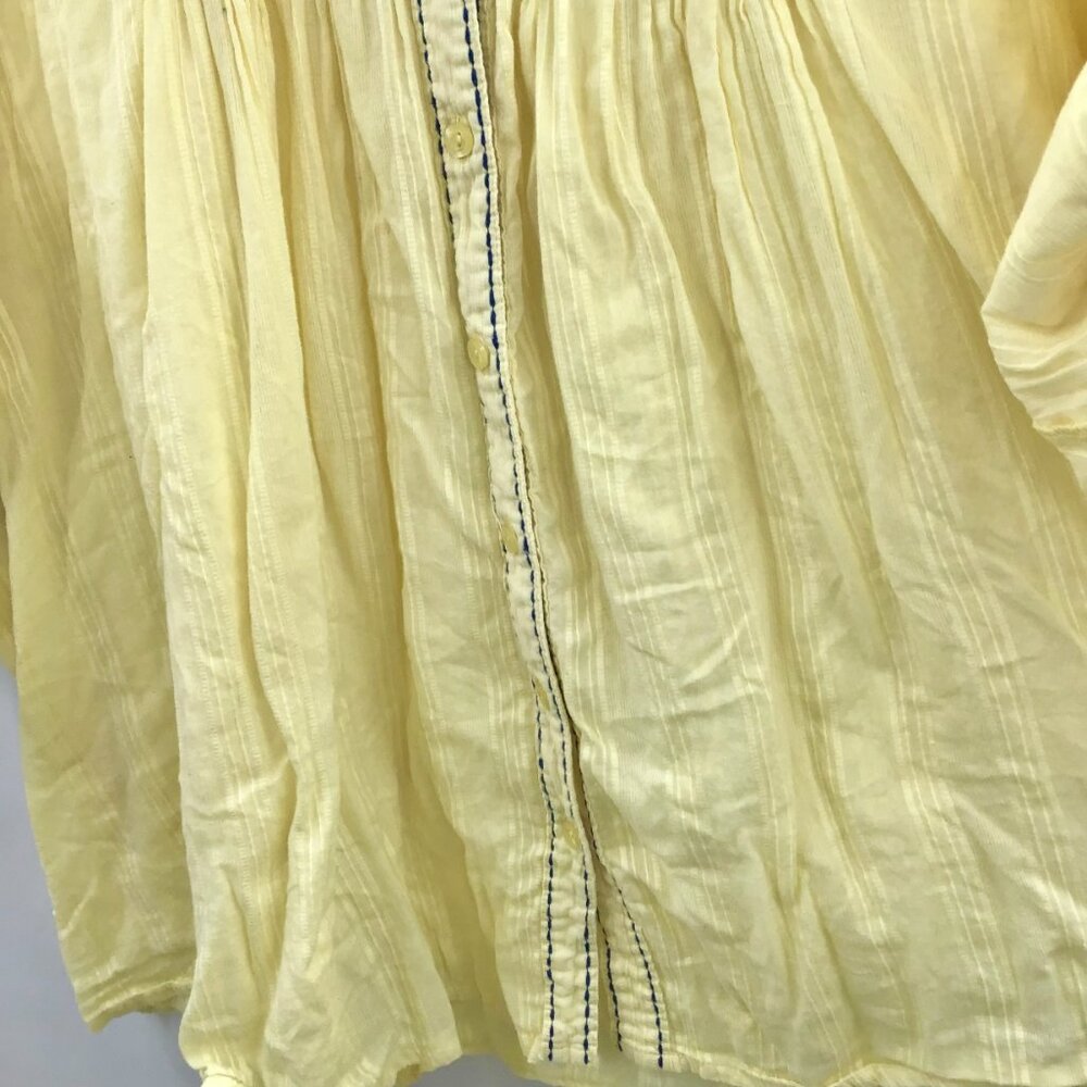 Gauzy Lemon Yellow Boho Top 32W Cotton Jacquard Embroidered Roll Tab Semi-Sheer - Picture 13 of 15